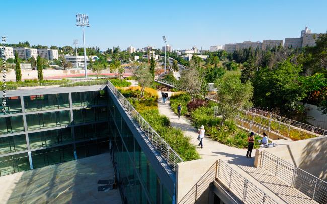 People strolling across a roof garden